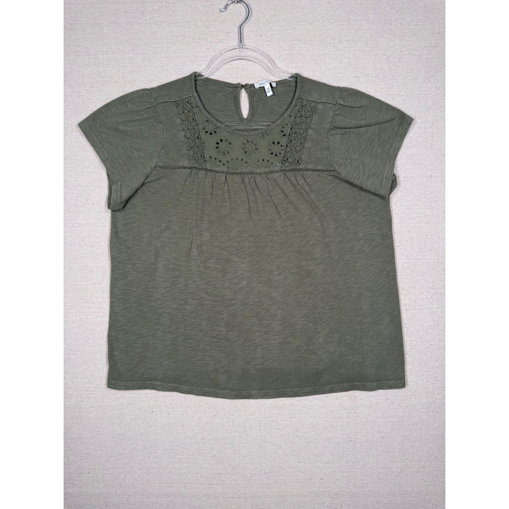 Ella Moss Women Olive Green Eyelet Lace Yoke Slub Knit Top Size M Short Sleeve